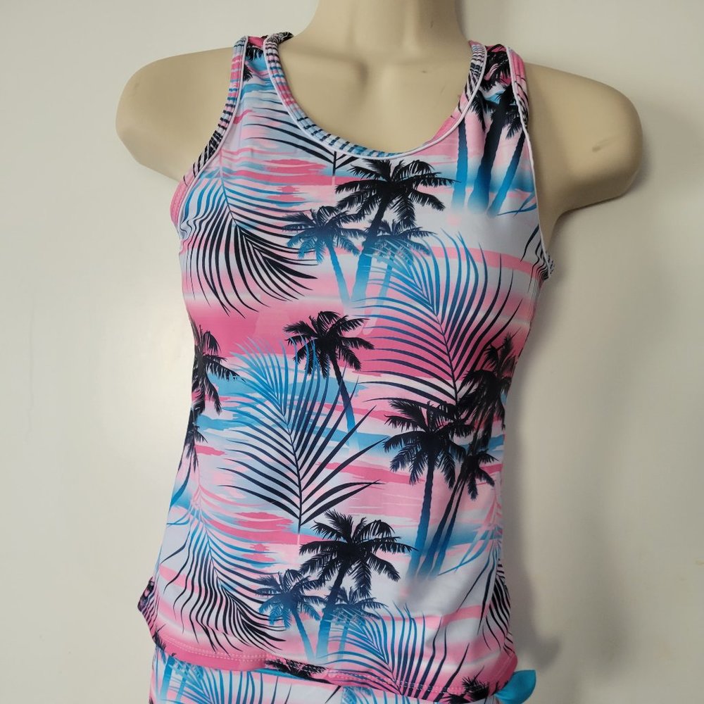 Girls swim suit Palm pink and blue beach wear set for kids 8 to 11